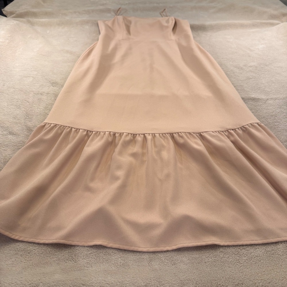 Neutral Blush Midi Dress Quiet Luxury Old Money Minimalist Wedding Guest SZ L - Picture 7 of 12